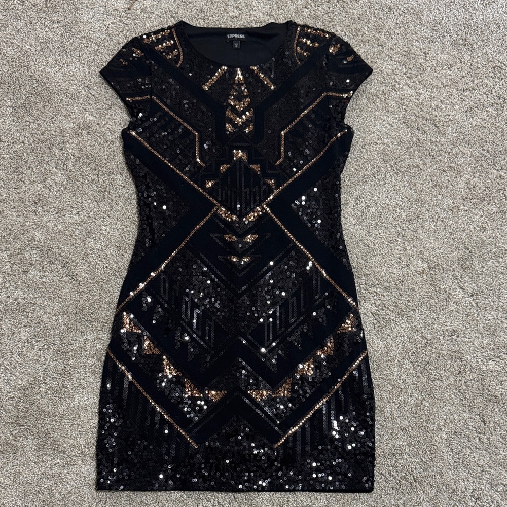 Express Black and Gold Geometric Sequin Mini Dress